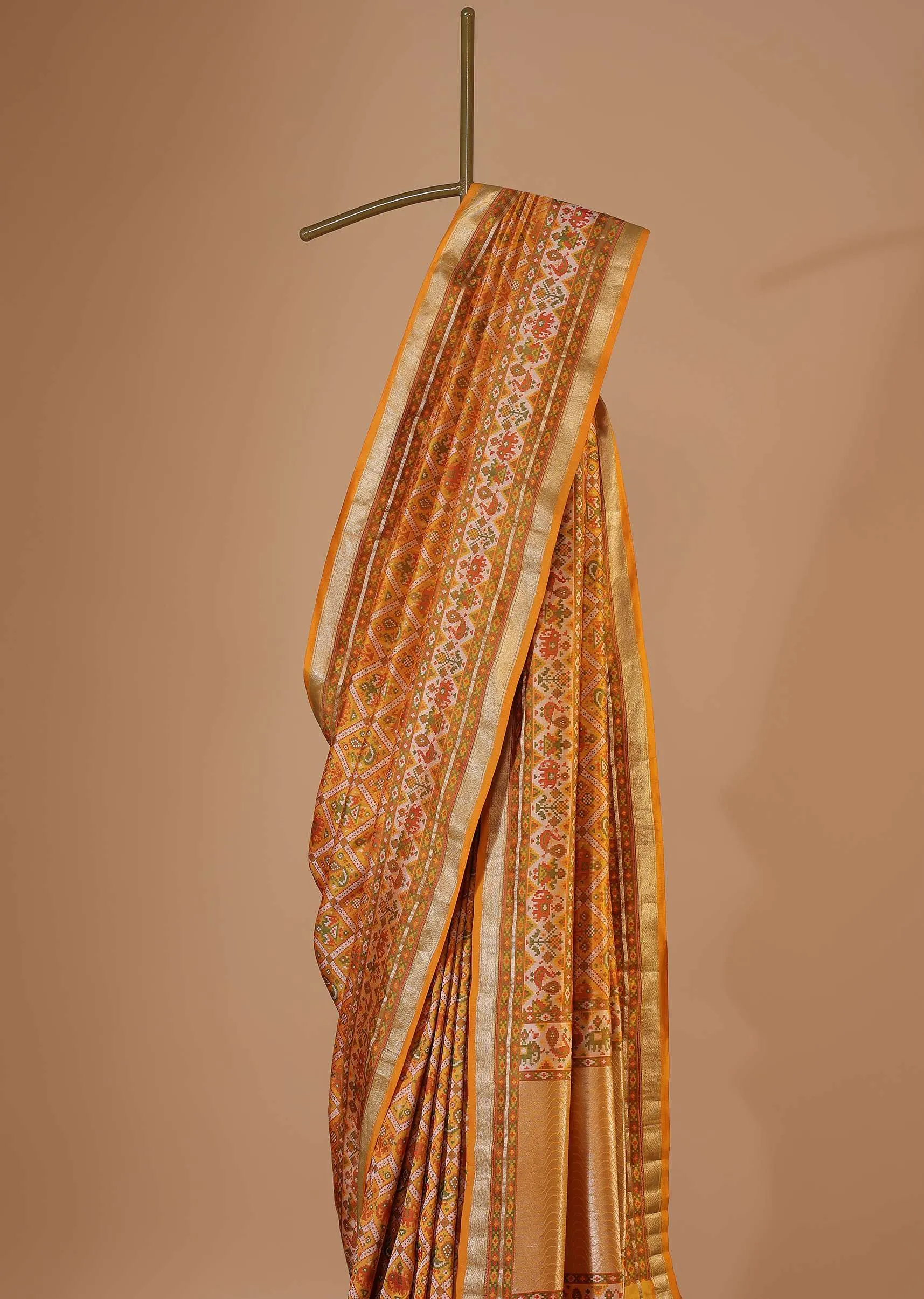 Ocher Yellow Banarasi Patola Saree In Katan Silk With Ikat Weave And Unstitched Blouse
