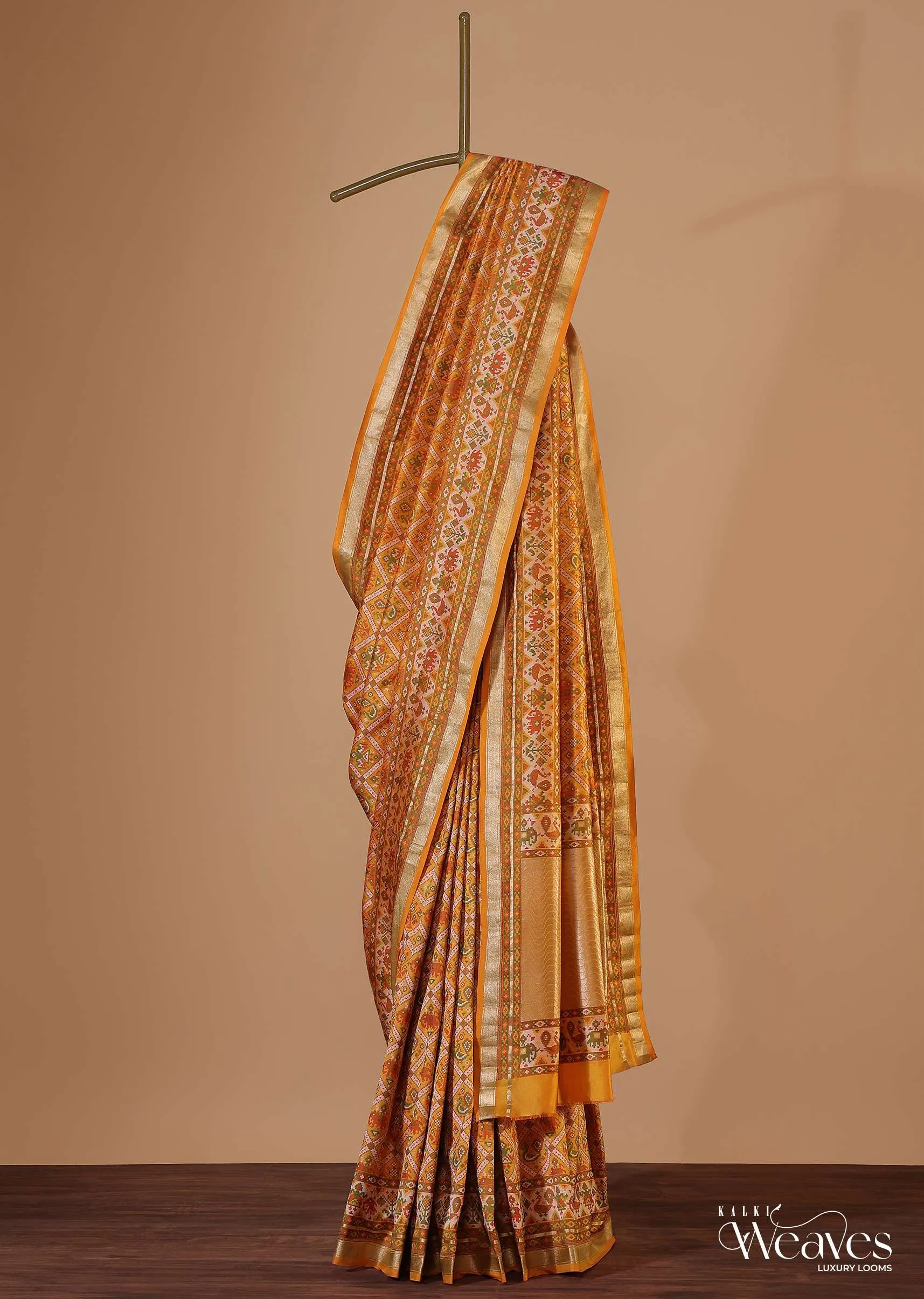 Ocher Yellow Banarasi Patola Saree In Katan Silk With Ikat Weave And Unstitched Blouse