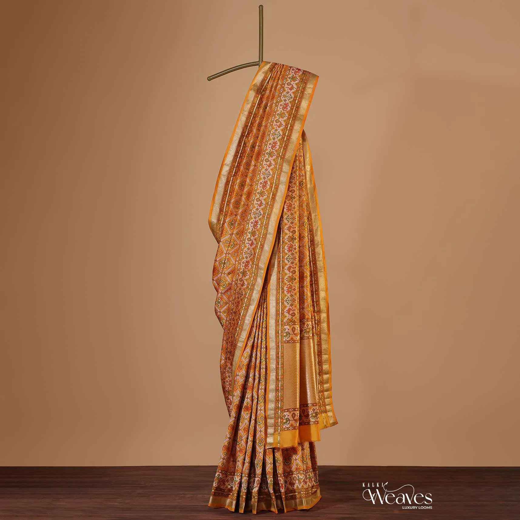 Ocher Yellow Banarasi Patola Saree In Katan Silk With Ikat Weave And Unstitched Blouse