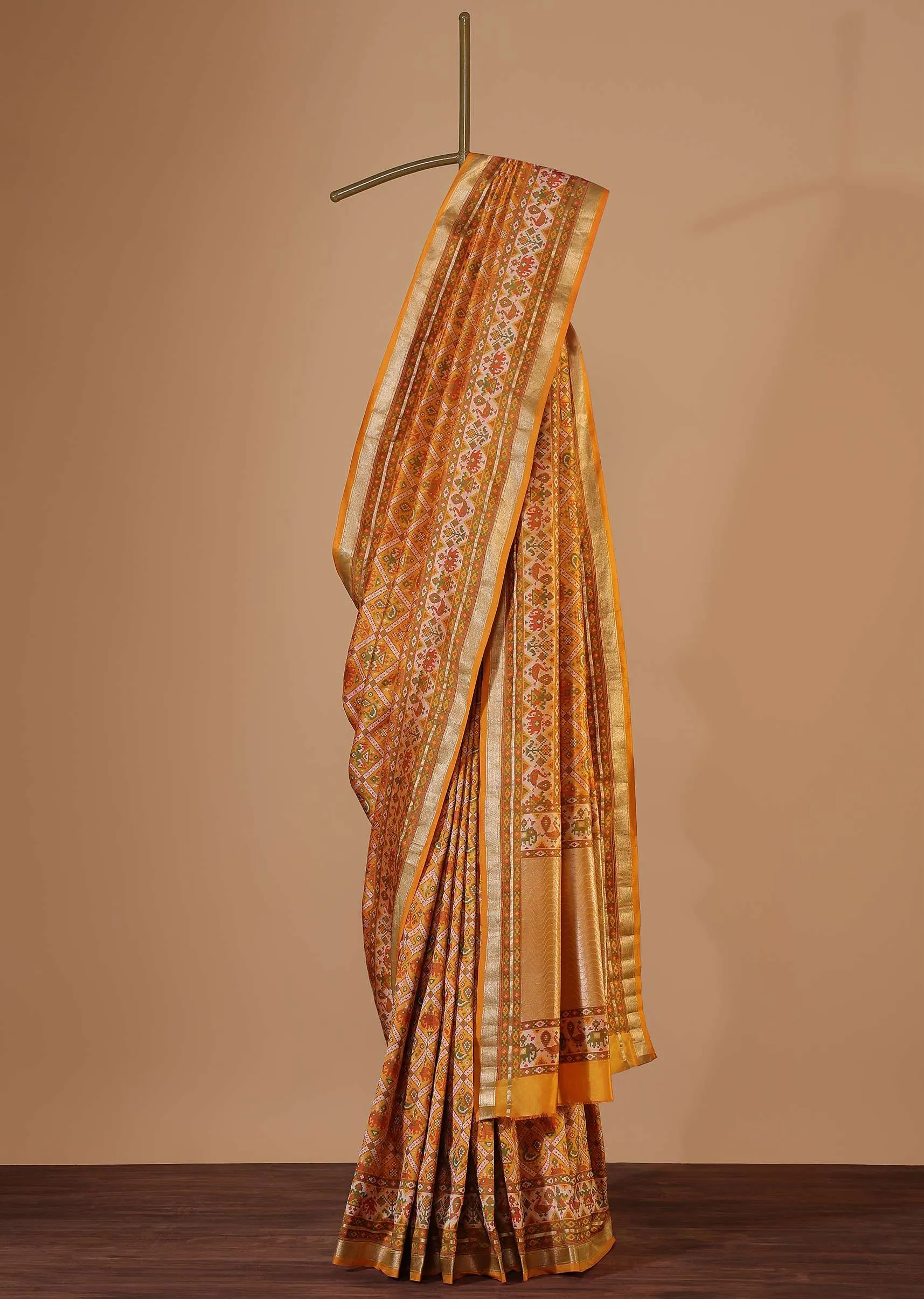 Ocher Yellow Banarasi Patola Saree In Katan Silk With Ikat Weave And Unstitched Blouse