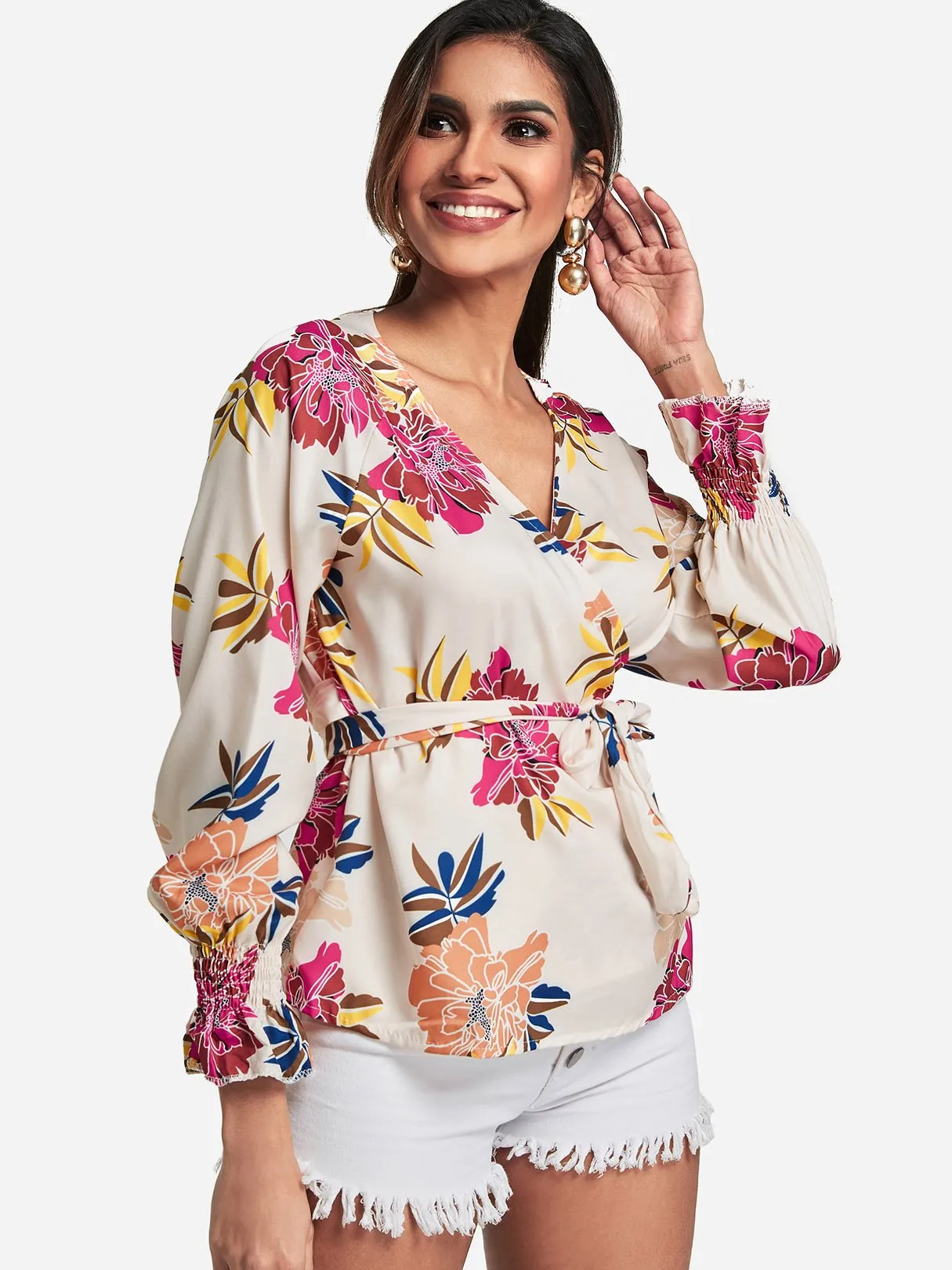 OEM ODM V-Neck Floral Print Crossed Front Self-Tie Long Sleeve Blouses