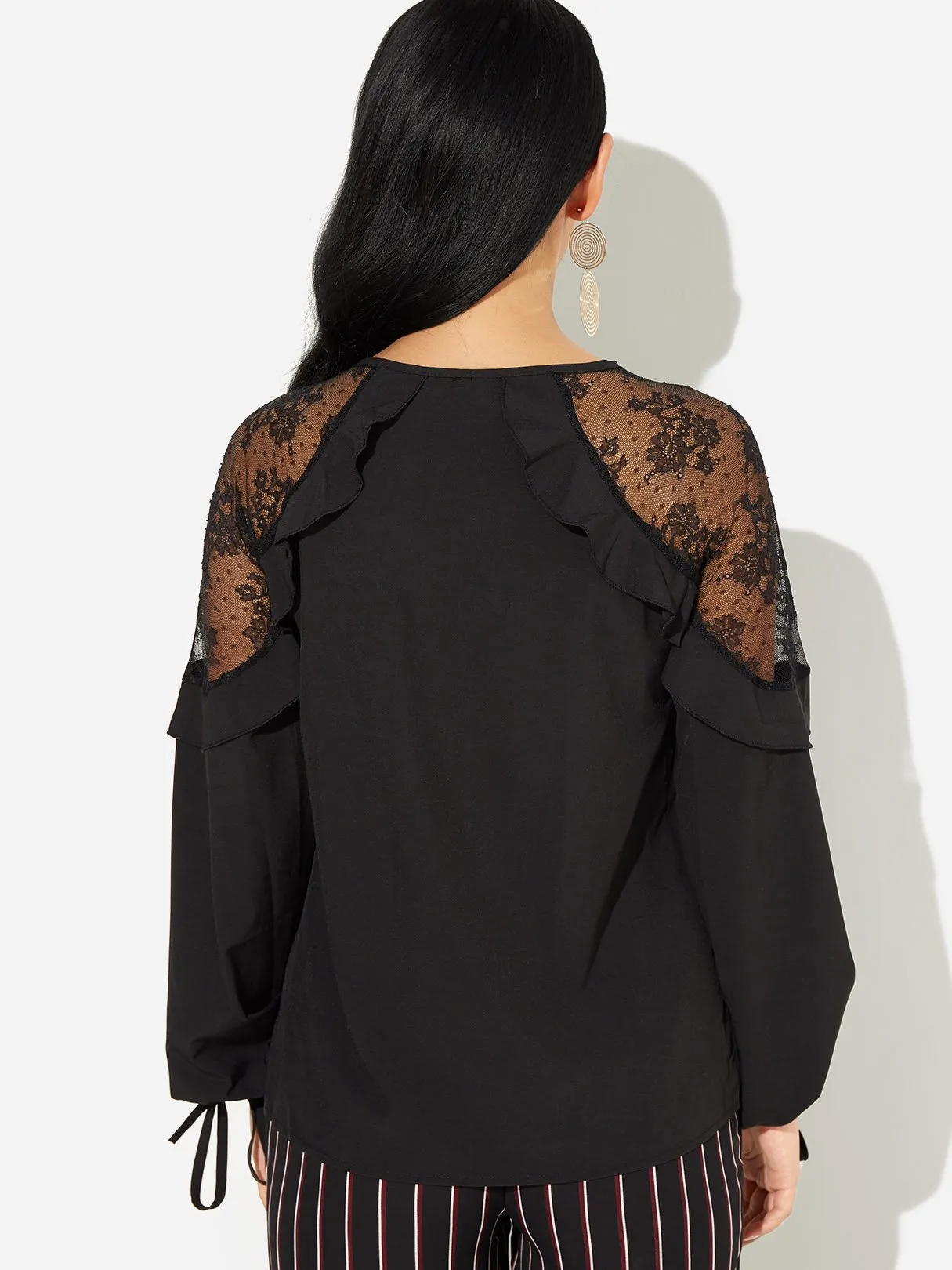 OEM ODM V-Neck Lace Self-Tie Long Sleeve Black Blouses