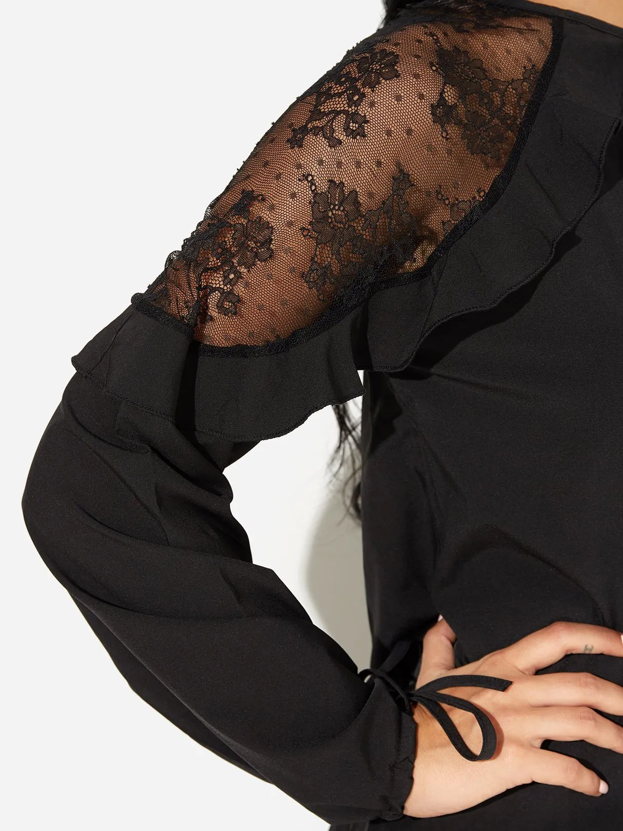 OEM ODM V-Neck Lace Self-Tie Long Sleeve Black Blouses