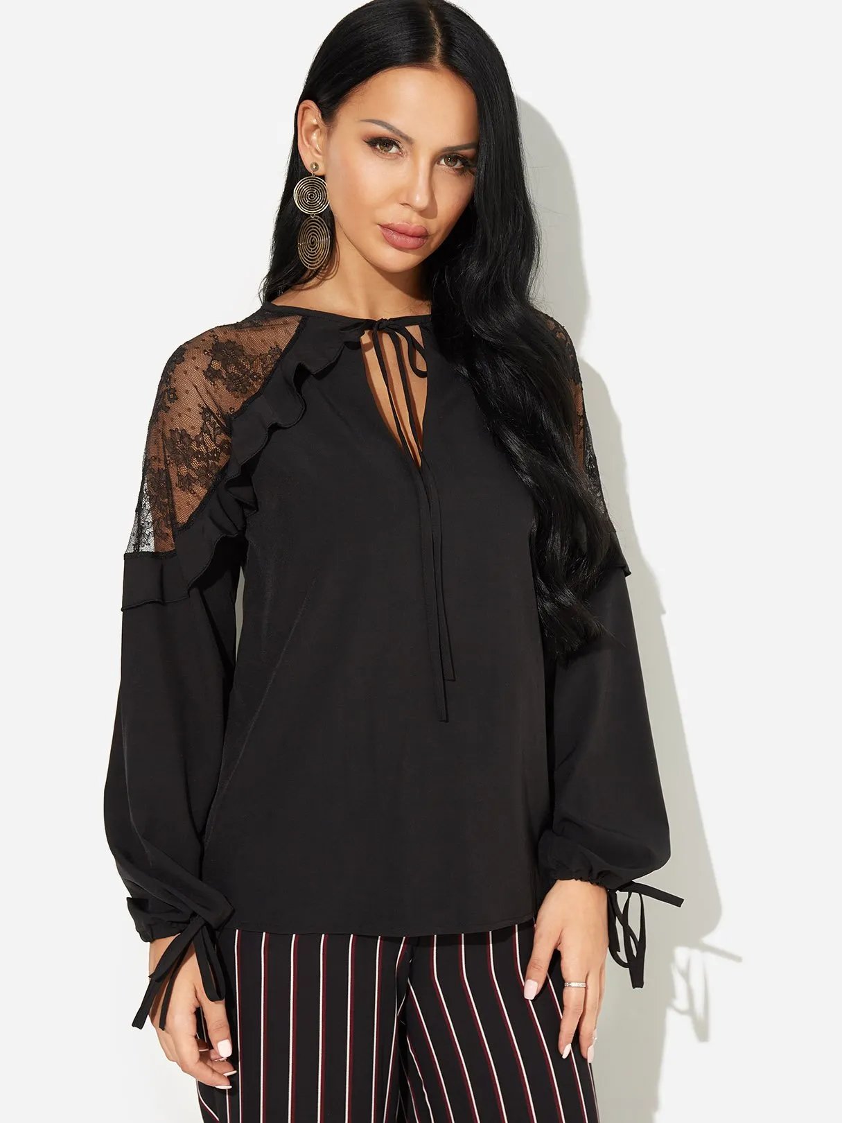 OEM ODM V-Neck Lace Self-Tie Long Sleeve Black Blouses