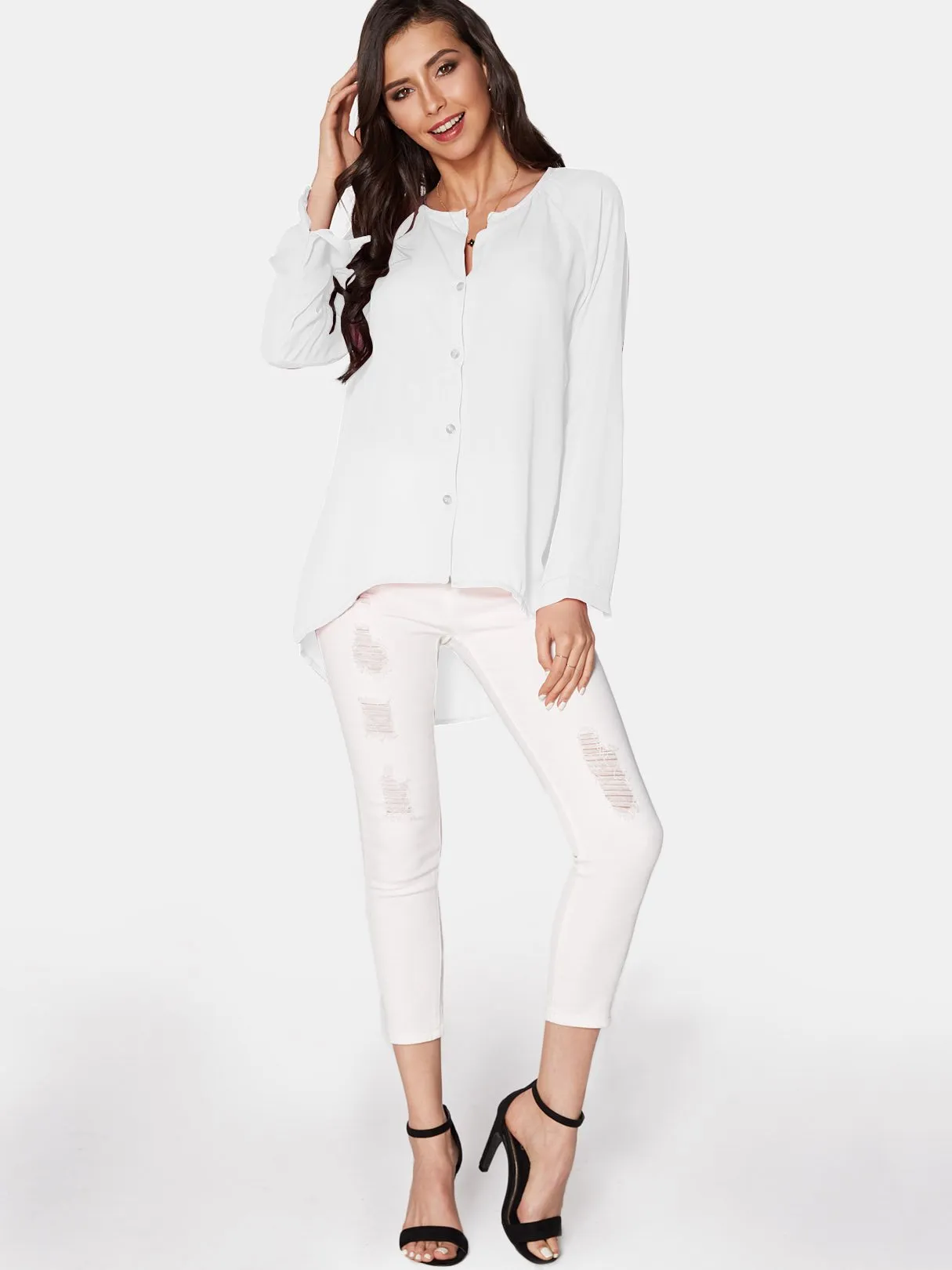 OEM ODM V-Neck Long Sleeve Button-down Chiffon White Blouses