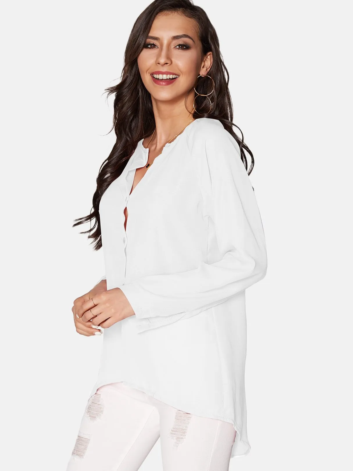 OEM ODM V-Neck Long Sleeve Button-down Chiffon White Blouses