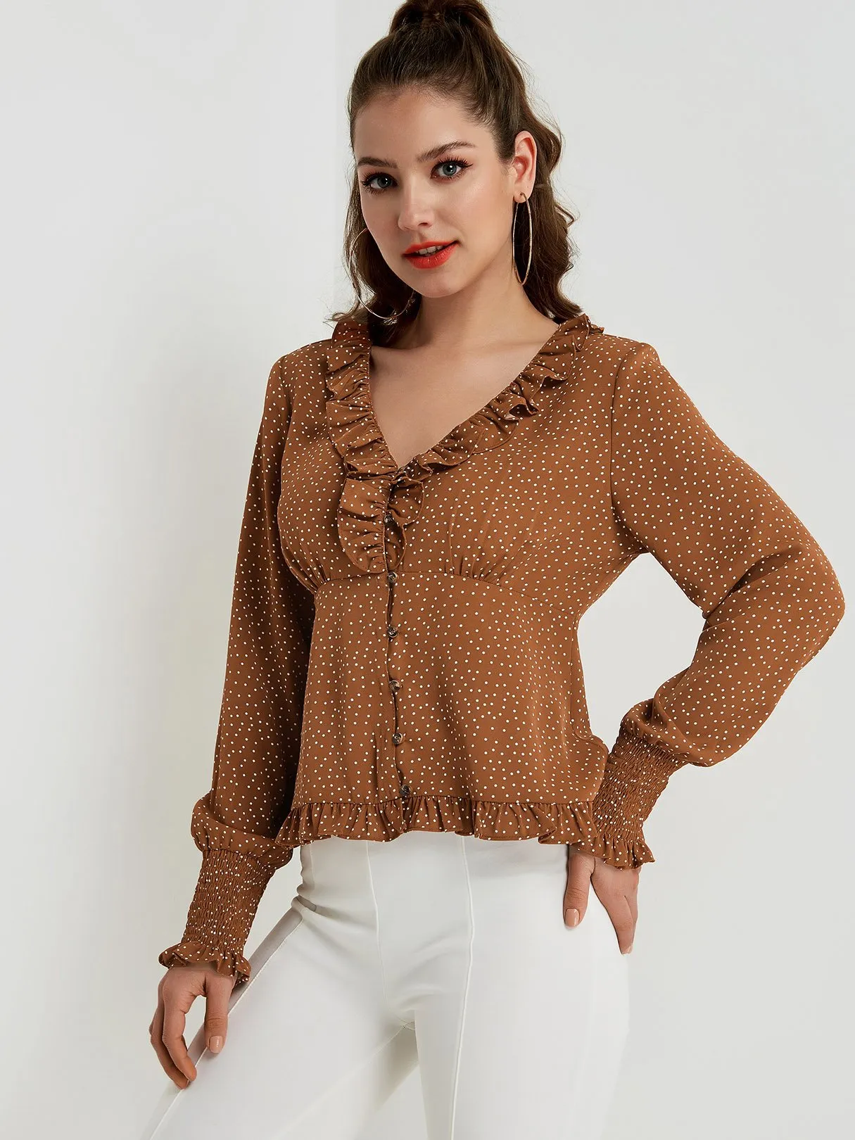 OEM ODM V-Neck Polka Dot Pleated Long Sleeve Flounced Hem Brown Blouses