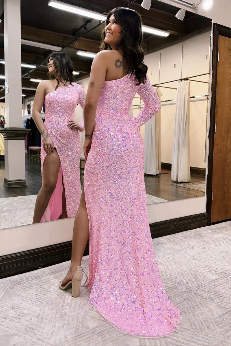 One-shoulder Long Sleeve Tiffany Blue Sequins Long Formal Dress