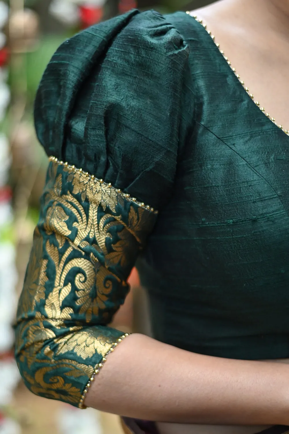 Sacramento green rawsilk U neck blouse with brocade sleeve detailing