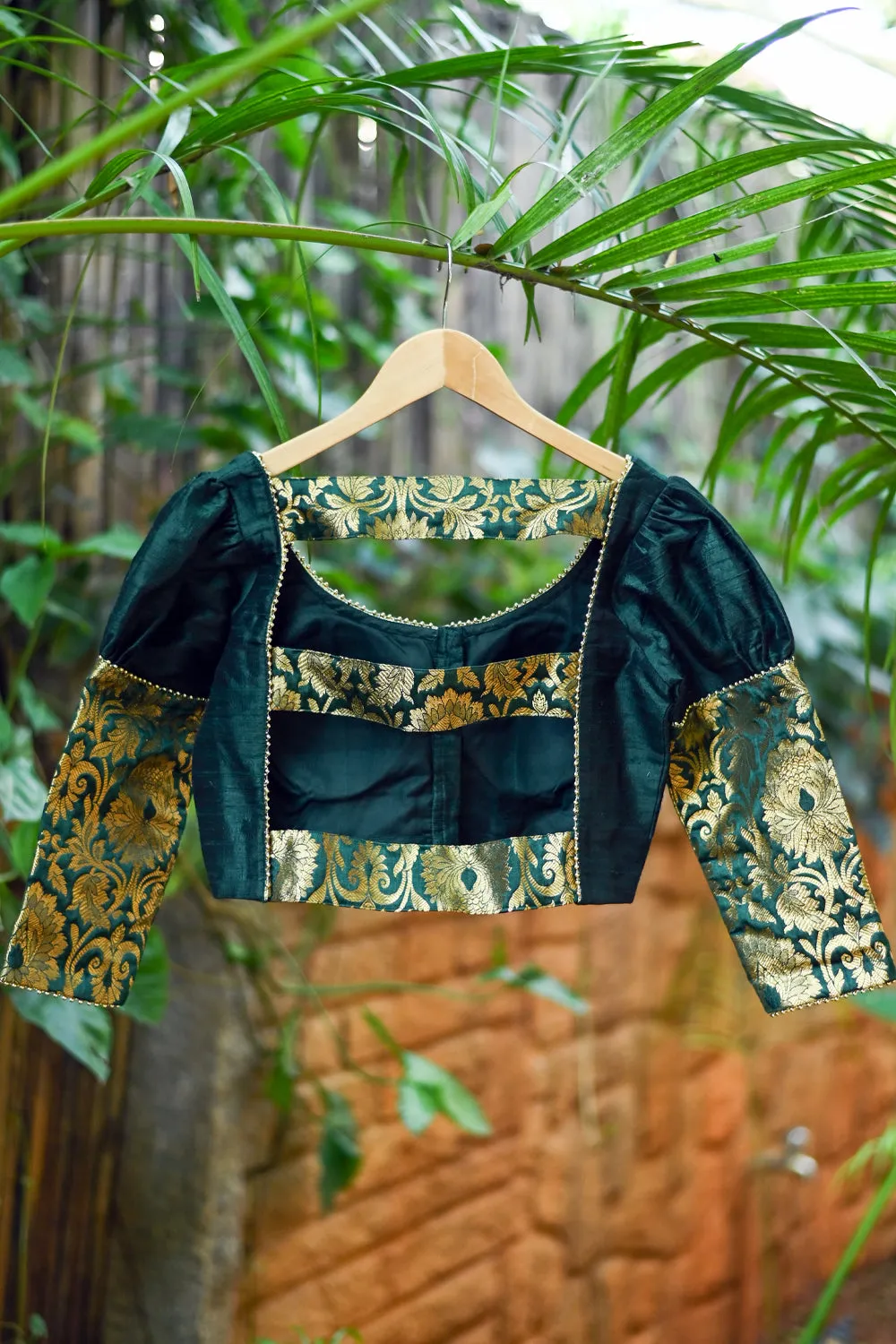 Sacramento green rawsilk U neck blouse with brocade sleeve detailing