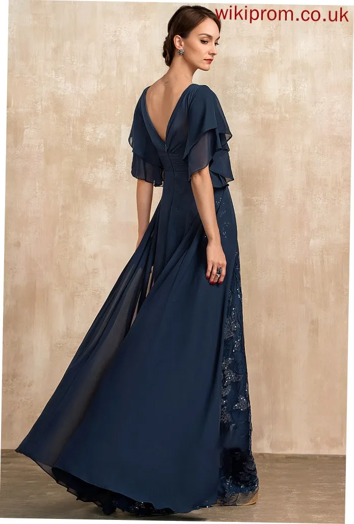 Sequins Floor-Length Ruffle Mother Sheath/Column Chiffon Lace Dress Bride With Mother of the Bride Dresses V-neck of the Raelynn