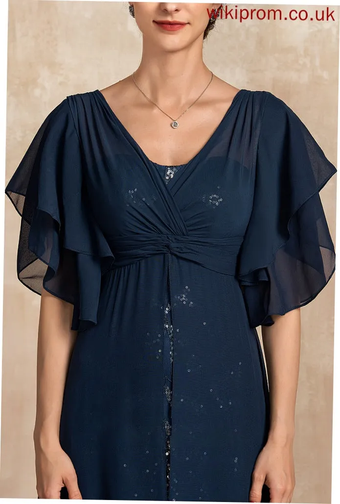 Sequins Floor-Length Ruffle Mother Sheath/Column Chiffon Lace Dress Bride With Mother of the Bride Dresses V-neck of the Raelynn