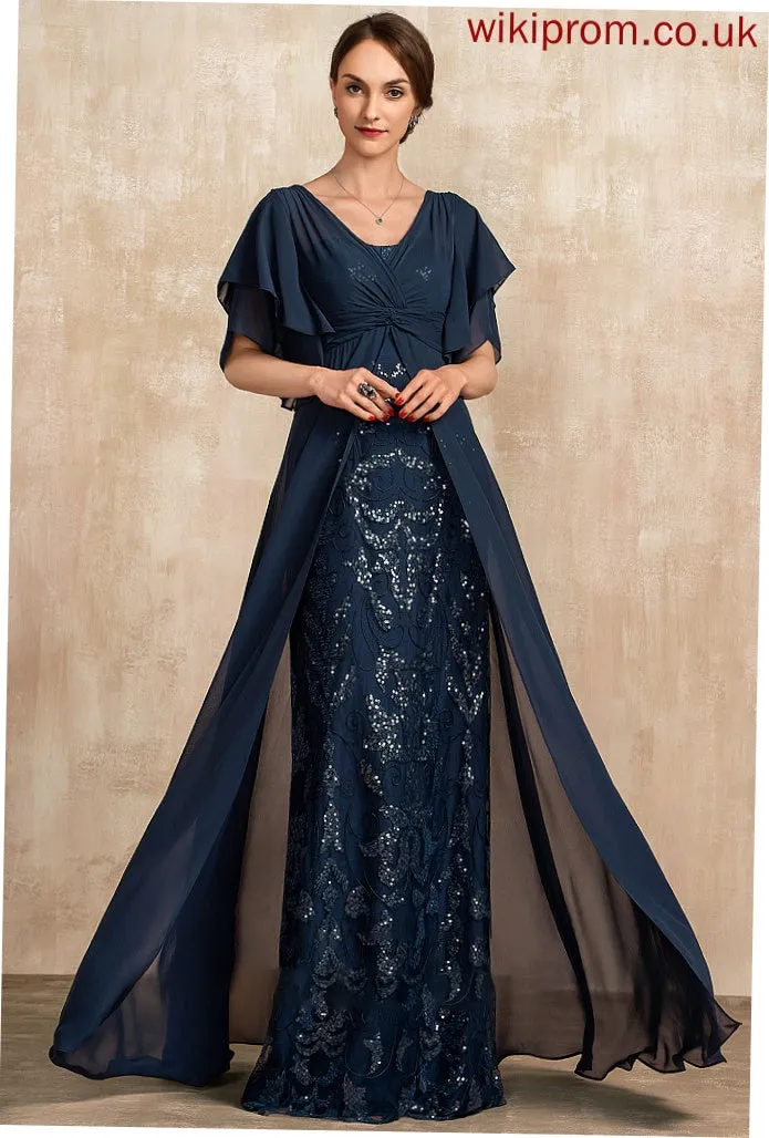 Sequins Floor-Length Ruffle Mother Sheath/Column Chiffon Lace Dress Bride With Mother of the Bride Dresses V-neck of the Raelynn