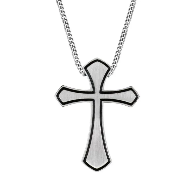 Stainless Steel Styled Cross W/Pinstripe Border on 24 Chain