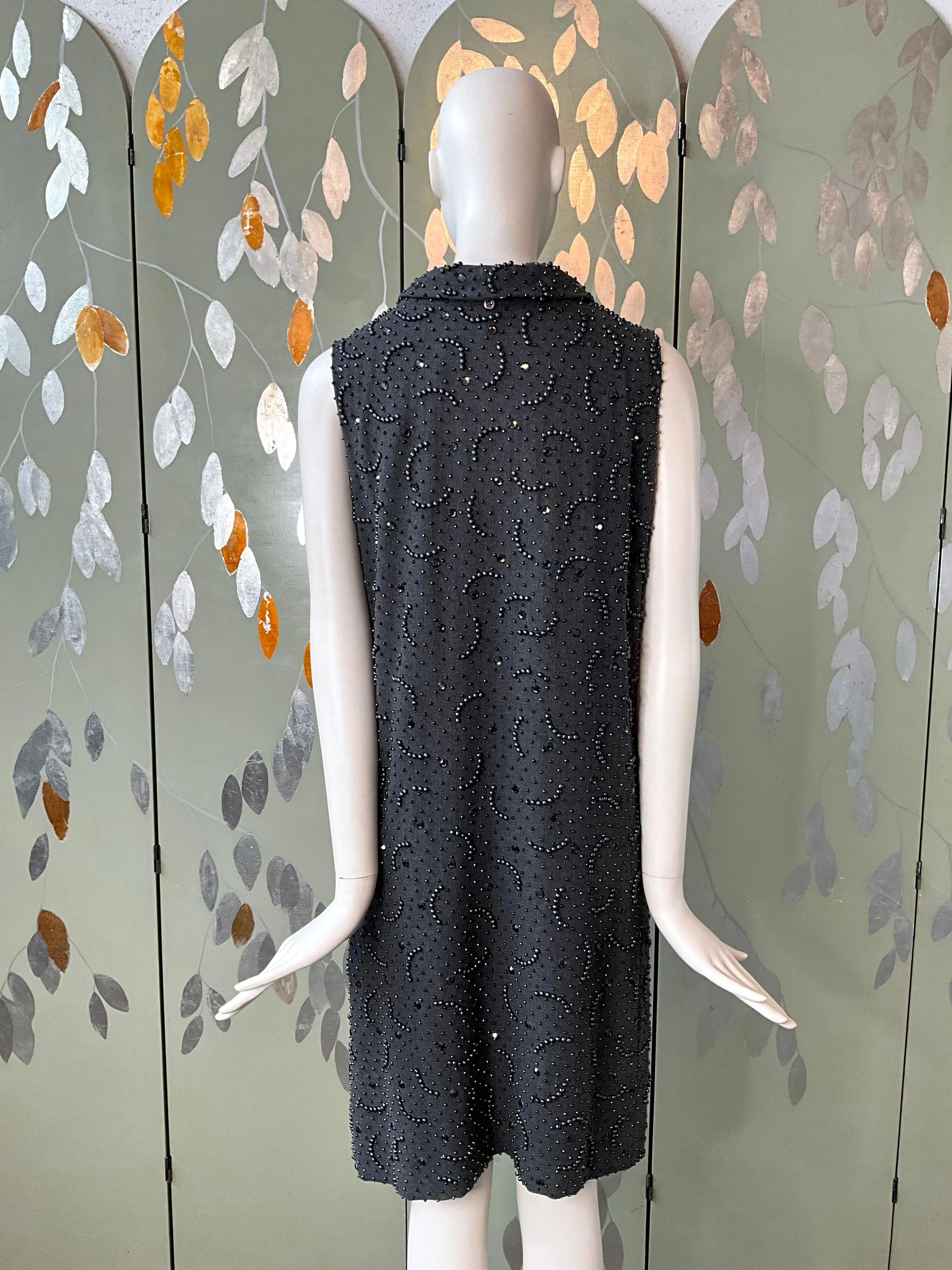 Vintage 1960s Grey Beaded Shift Party Dress, Medium