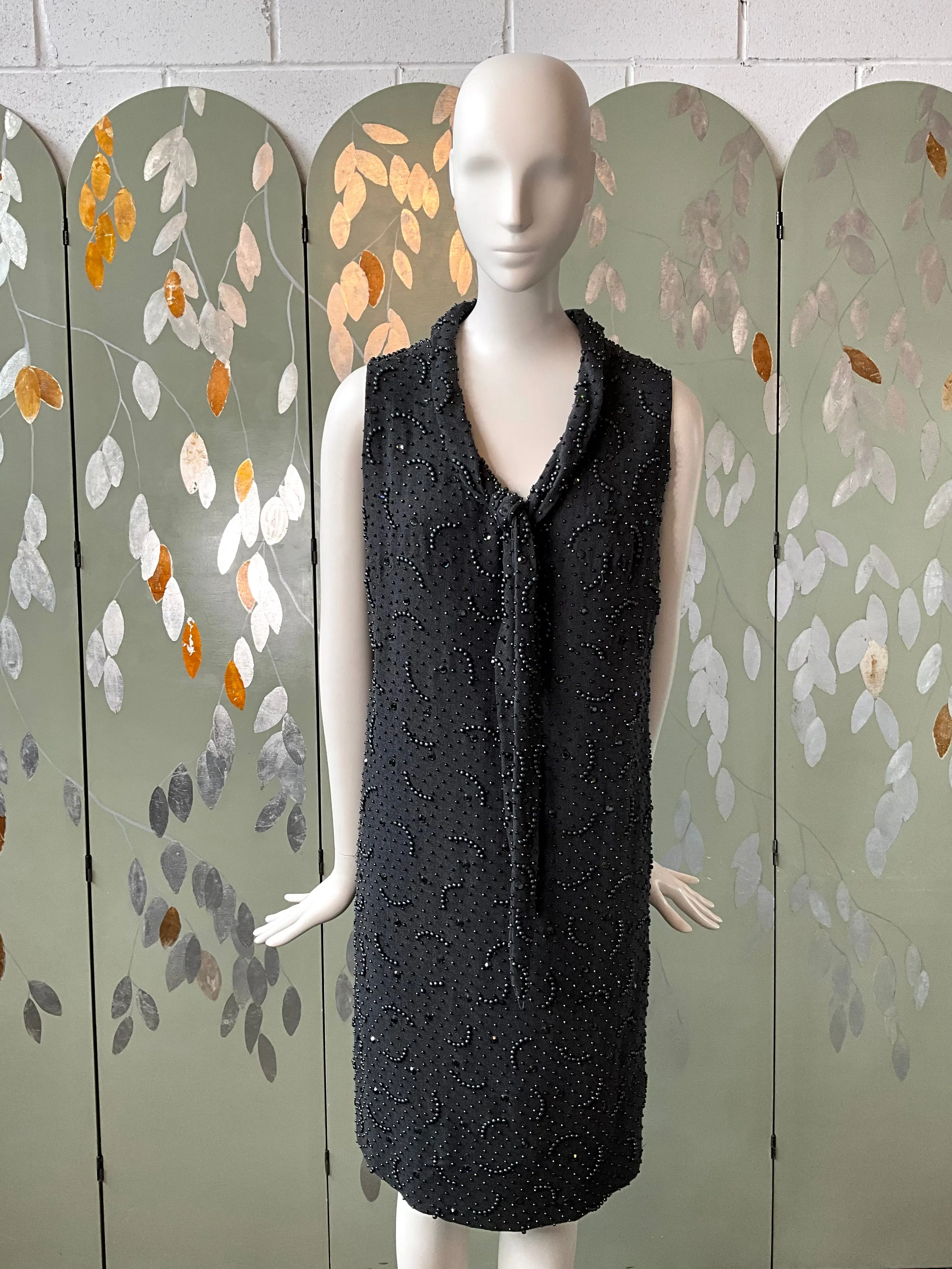 Vintage 1960s Grey Beaded Shift Party Dress, Medium