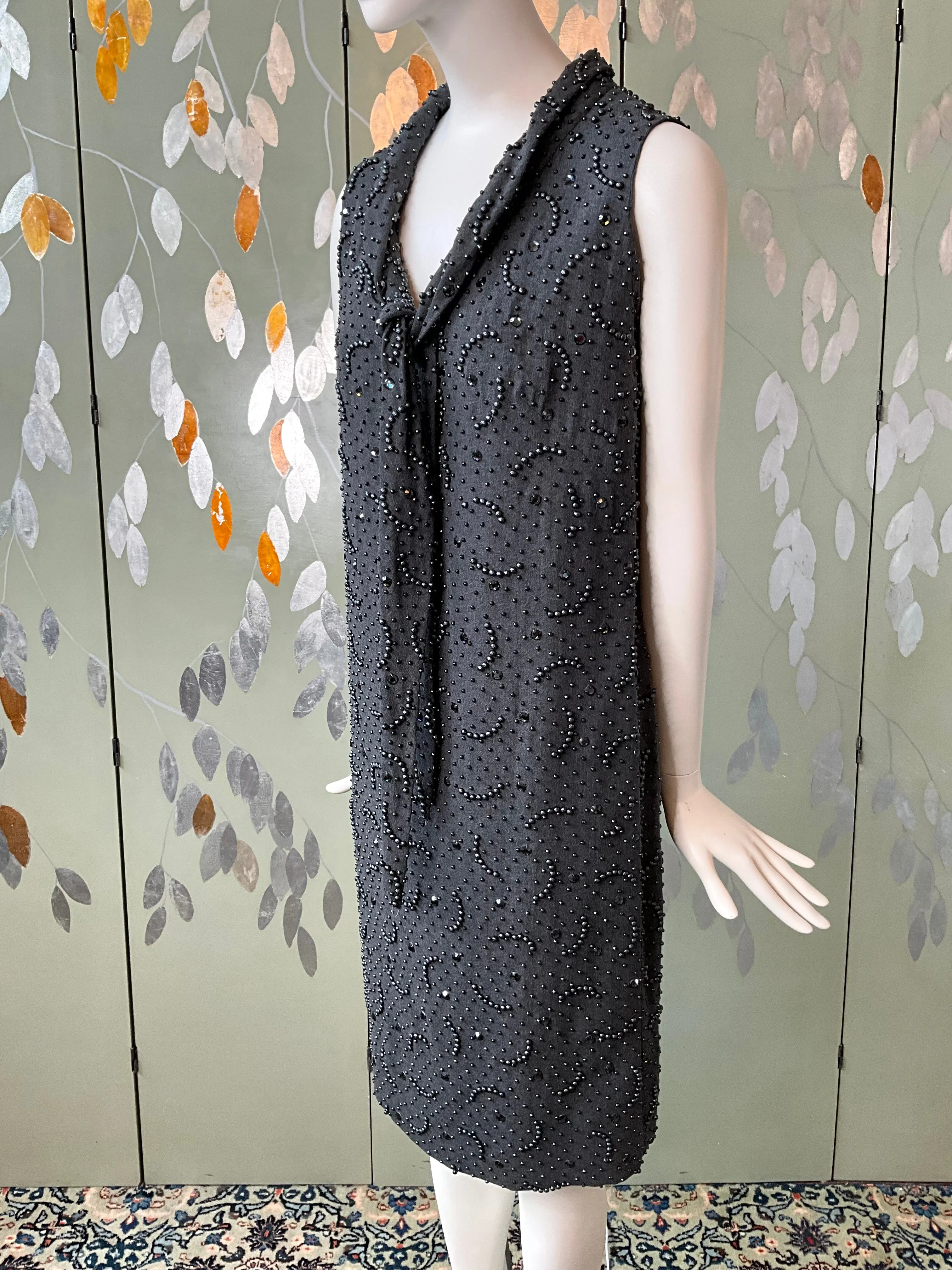 Vintage 1960s Grey Beaded Shift Party Dress, Medium
