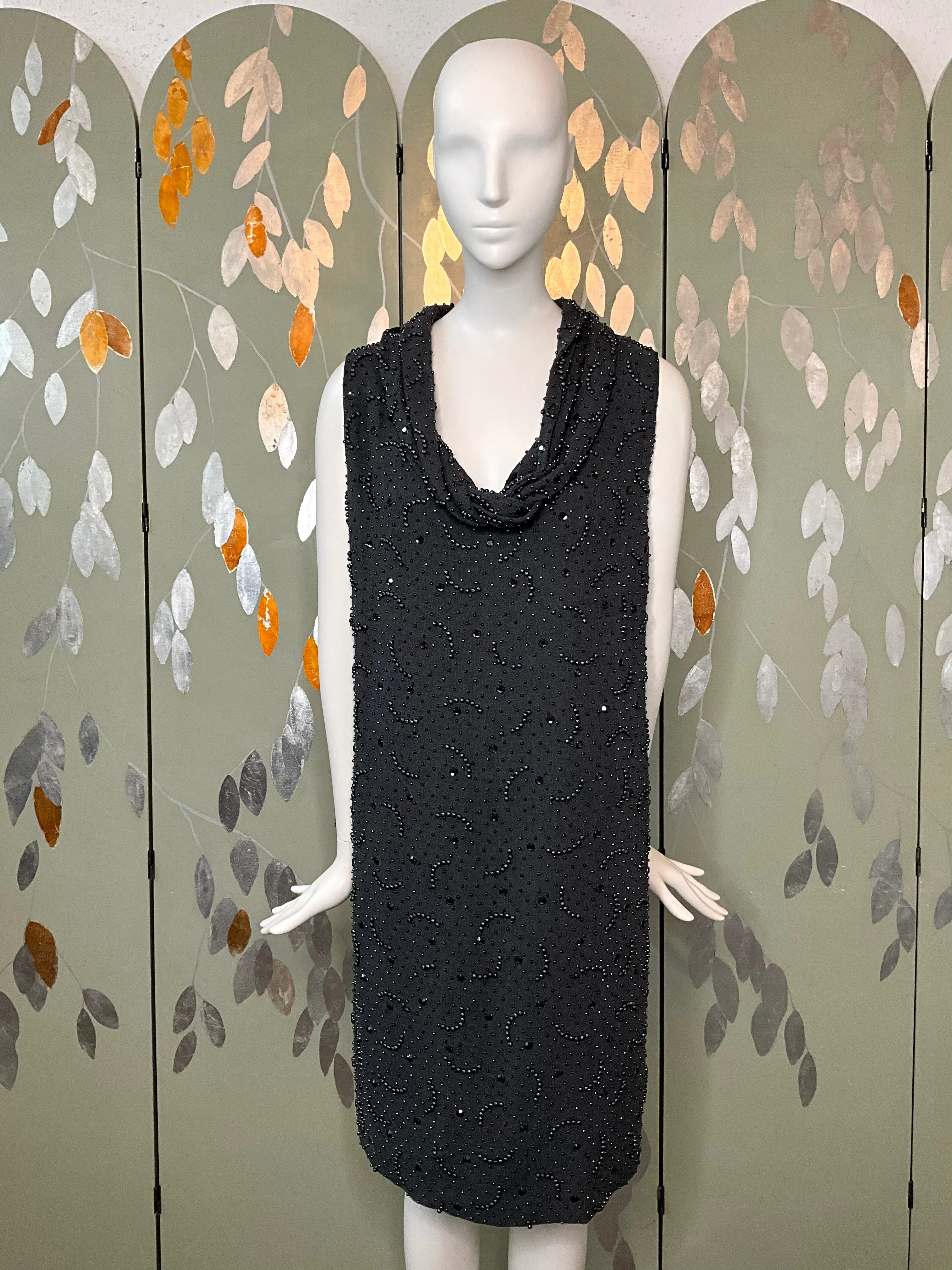 Vintage 1960s Grey Beaded Shift Party Dress, Medium