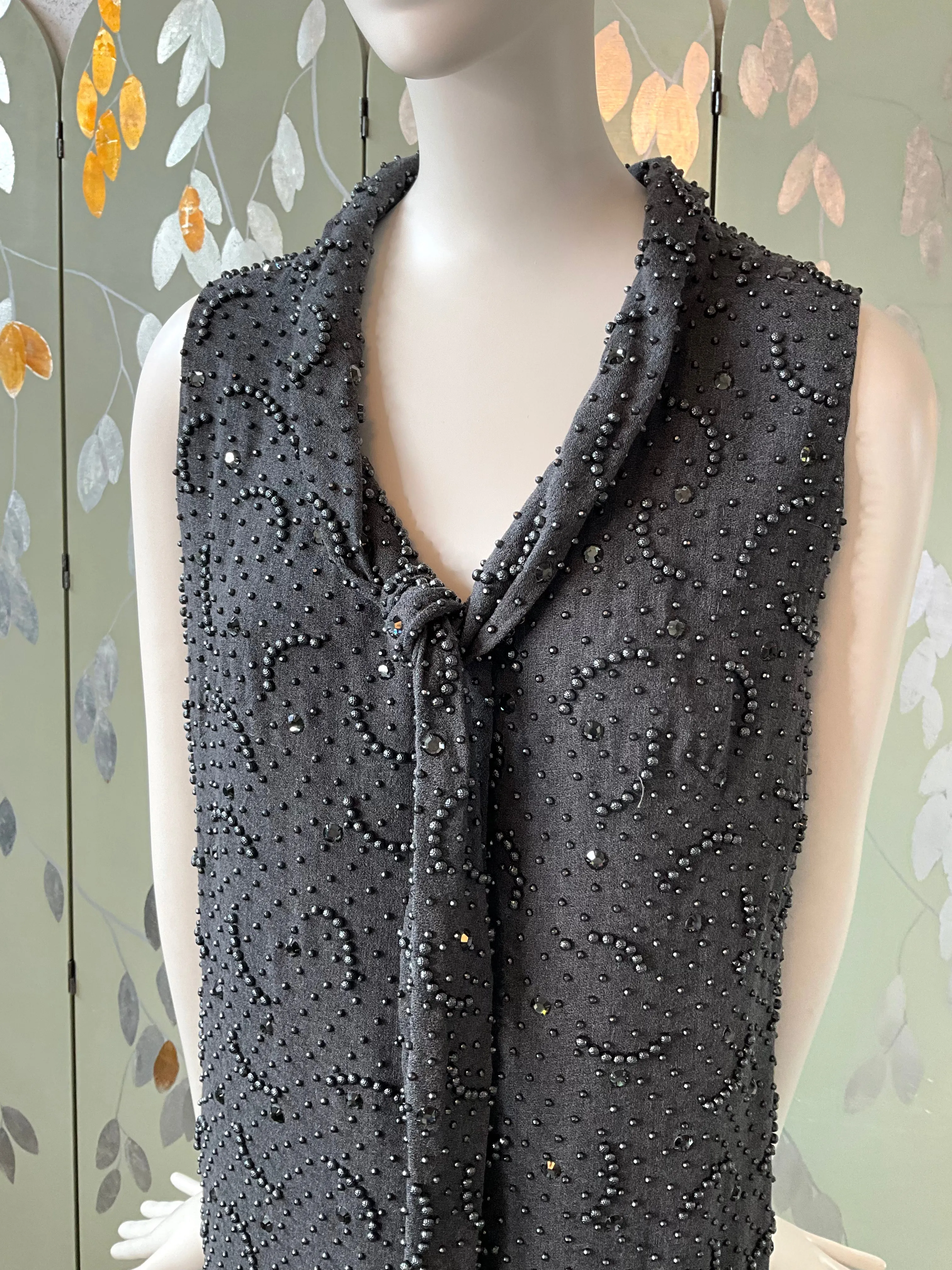 Vintage 1960s Grey Beaded Shift Party Dress, Medium