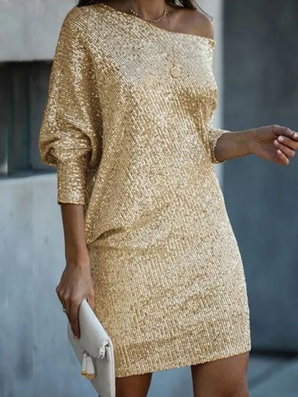 Wedding Guest Glitter Bat-Sleeve Autumn Shift Dress