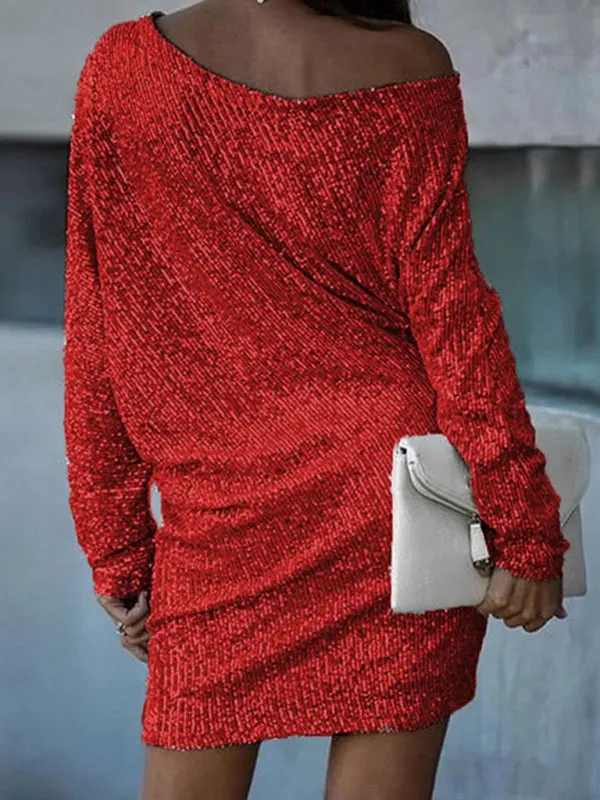 Wedding Guest Glitter Bat-Sleeve Autumn Shift Dress