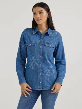 Wrangler Women's Lasered Icons Cowboy Snap Shirt in Medium Wash