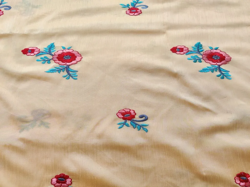 Yellow Multicolour Flowers Embroidered Zorba Silk Fabric