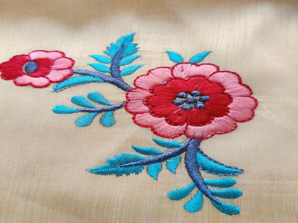 Yellow Multicolour Flowers Embroidered Zorba Silk Fabric